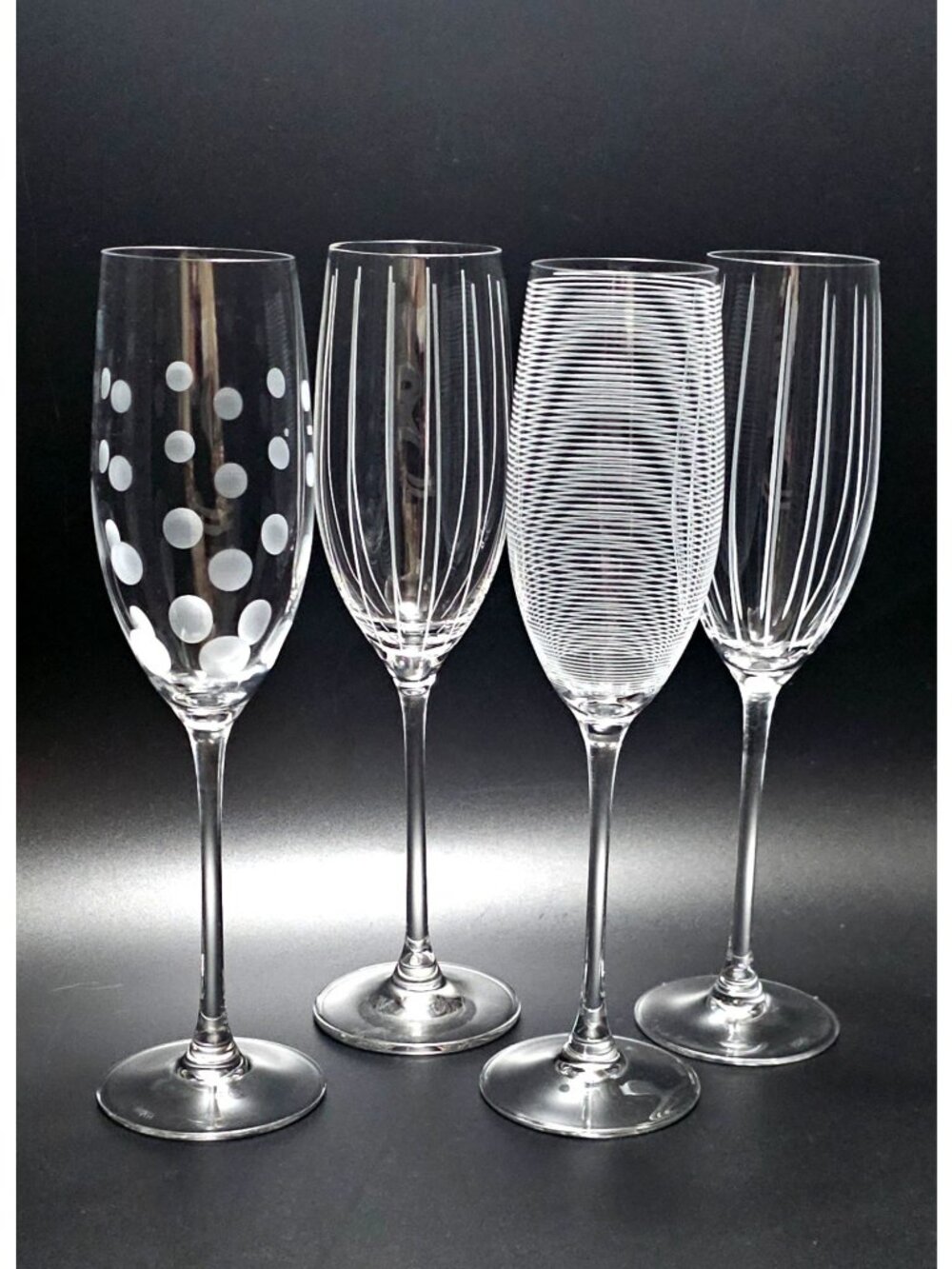 4 Mikasa Cheers Champagne Flutes Glasses 10" cut lines dots bubbles celebrate ea